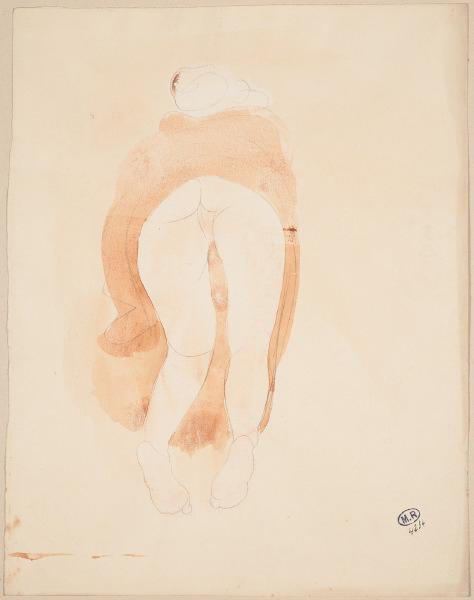 Femme à quatre pattes, de dos, le vêtement relevé jusqu'à la taille