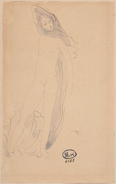 Femme nue au long voile, une coquille à ses pieds