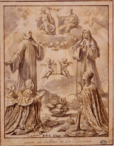 Anne d'Autriche et ses fils debout devant la Sainte Trinité