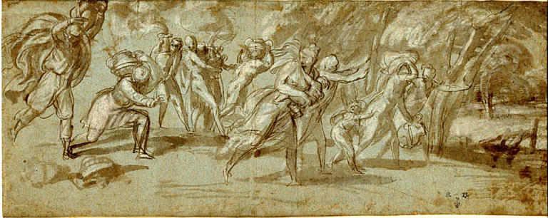 Hommes et femmes fuyant et se réfugiant dans une forêt à droite (recto) ; Etudes, dont une sainte Famille (verso)
