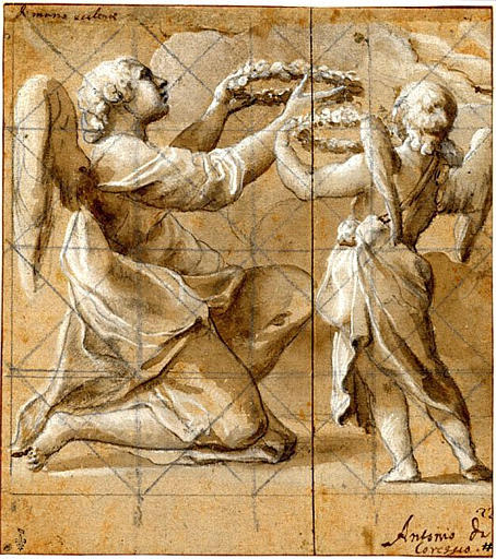 Deux anges tenant des couronnes, l'un debout de dos, l'autre agenouillé et de profil