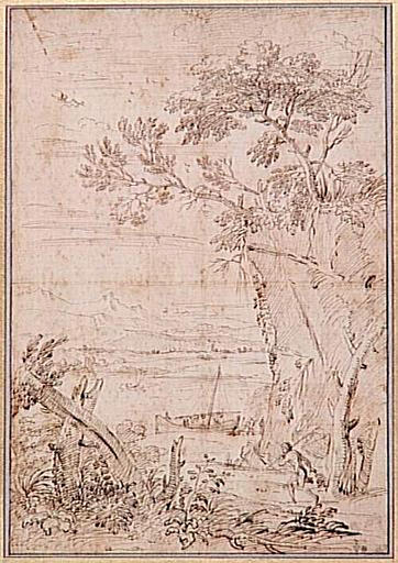 Paysage, avec au premier plan un homme portant un filet