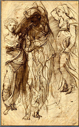 Trois études de femmes drapées levant un bras (recto) ; études d'hommes nus debout vus de profil, l'un tenant à deux mains une sorte de brancard (verso)
