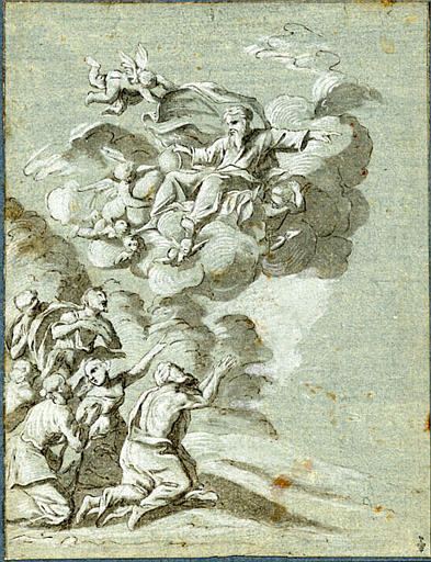 Dieu sur des nuages et entouré d'anges, apparaissant aux Israélites prosternés