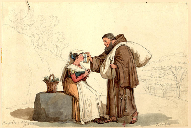 Moine donnant une relique à baiser à une femme de Frascati