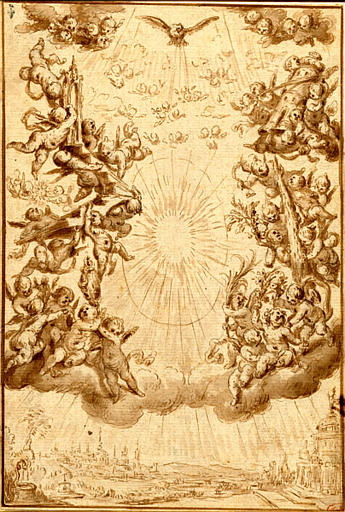 Composition mystique, avec une Gloire au centre, le Saint-Esprit au-dessus, alentour des grappes de chérubins soutenus par des attributs religieux et une ville en bas