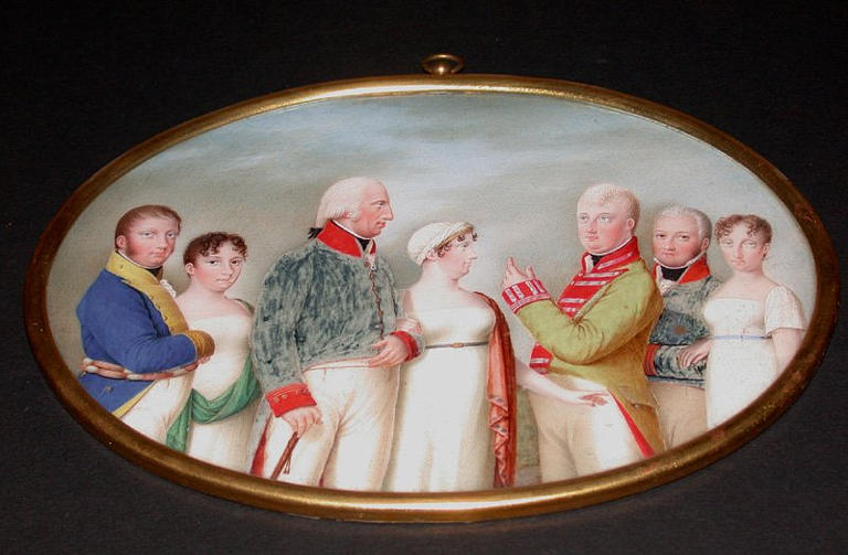 La famille royale de Naples et le duc d'Orléans, depuis Louis-Philippe : Ferdinand Ier, roi des Deux-Siciles, la reine, le duc de Calabre, l'infante Marie-Isabelle, duchesse de Calabre, le prince de Salerne, le duc d'Orléans, Marie-Amélie