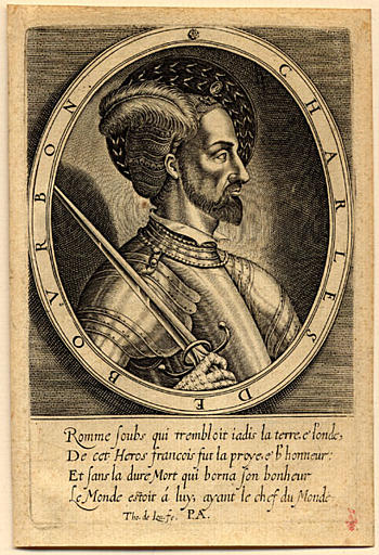 Portrait de Charles duc de Bourbon (1490-1527), de profil, droit, en cuirasse, l'épée nue sur l'épaule, dans un médaillon ovale