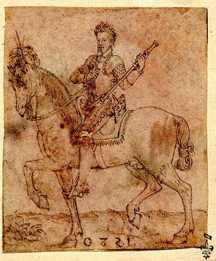 Henri III à cheval se dirigeant à droite, lauré, en armure, le bâton de commandement à la main