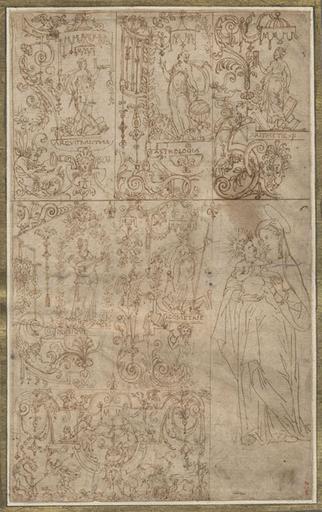 CROQUIS ALLEGORIQUES SUR L'ARCHITECTURE, L'ASTROLOGIE, L'ARITHMETIQUE, LA GEOMETRIE, LA CHASSE, LE LABOUR... ET LA VIERGE A L'ENFANT JESUS