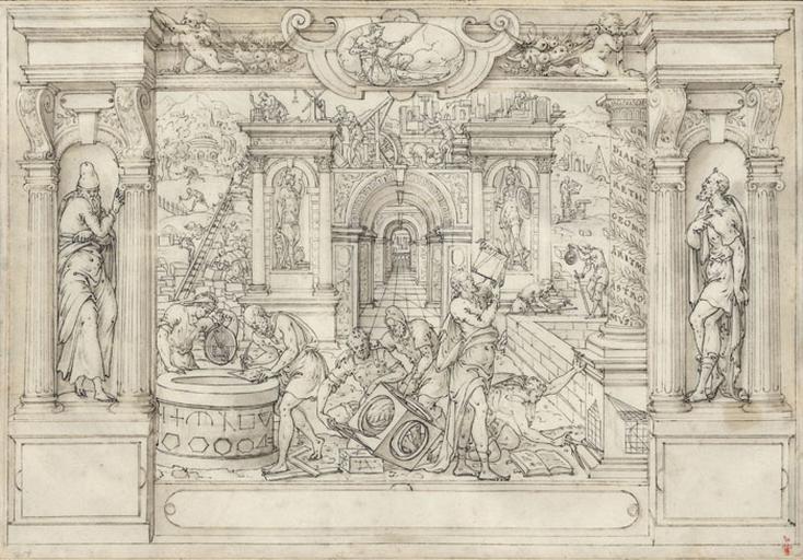 LA GEOMETRIE, DESSIN ALLEGORIQUE, ARCHITECTURE ET PERSONNAGES