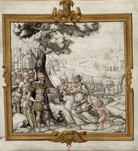 SUJET DE L'HISTOIRE ROMAINE : CORIOLAN LEVE LE SIEGE DE ROME, DANS UN CARTOUCHE RENAISSANCE REHAUSSE D'OR, ACCOMPAGNE D'UNE LEGENDE SUR UN FEUILLET DE VELIN SEPARE 366 9