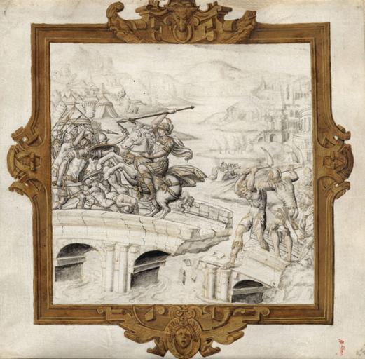 SUJET DE L'HISTOIRE ROMAINE : HORATIUS COCLES SUR LE PONT DU TIBRE, DANS UN CARTOUCHE RENAISSANCE REHAUSSE D'OR, ACCOMPAGNE D'UNE LEGENDE SUR UN FEUILLET DE VELIN SEPARE 366 11