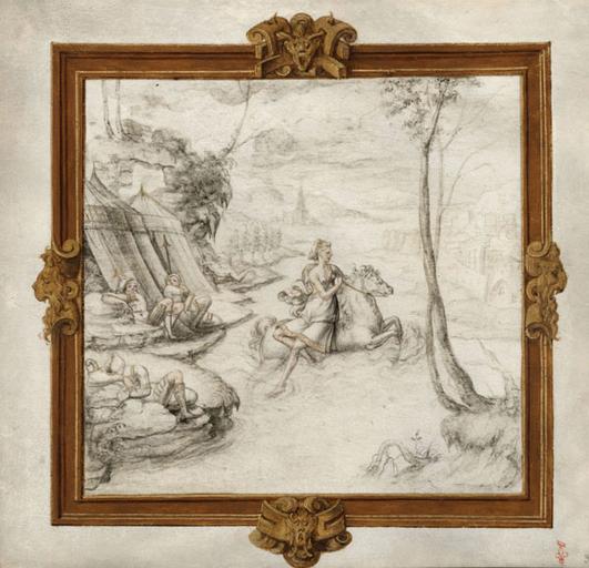 SUJET DE L'HISTOIRE ROMAINE : CLELIE S'ECHAPPE DU CAMP DE PORSENNA, DANS UN CARTOUCHE RENAISSANCE REHAUSSE D'OR, ACCOMPAGNE D'UNE LEGENDE SUR UN FEUILLET DE VELIN SEPARE 366 13