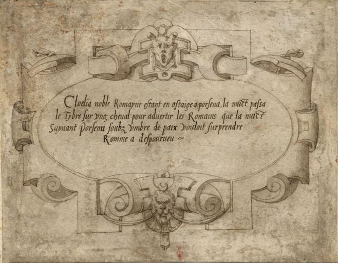 INSCRIPTION POUR CLELIE S'ECHAPPANT DU CAMP DE PORSENNA, DANS UN CARTOUCHE RENAISSANCE REHAUSSE D'OR