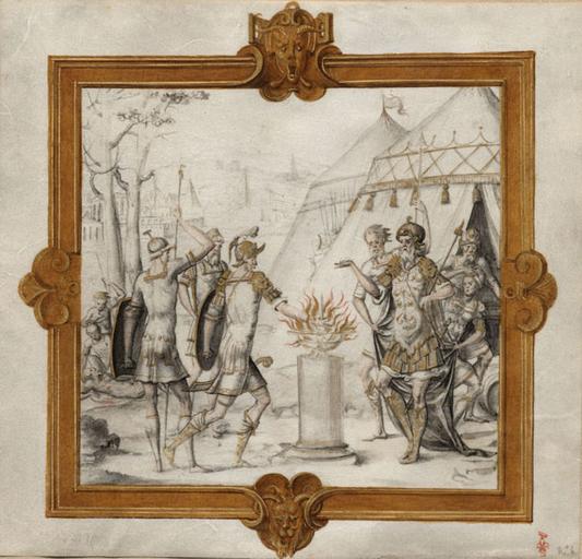 SUJET DE L'HISTOIRE ROMAINE : MUCIUS SCEVOLA SE BRULE LA MAIN, DANS UN CARTOUCHE RENAISSANCE REHAUSSE D'OR, ACCOMPAGNE D'UNE LEGENDE SUR UN FEUILLET DE VELIN SEPARE 366 15