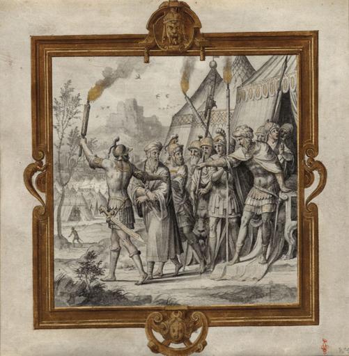 SUJET DE L'HISTOIRE ROMAINE : LE CONSUL FABRITIUS RENVOIE LE MEDECIN DE PYRRHUS, DANS UN CARTOUCHE RENAISSANCE REHAUSSE D'OR, ACCOMPAGNE D'UNE LEGENDE SUR UN FEUILLET DE VELIN SEPARE 366 17