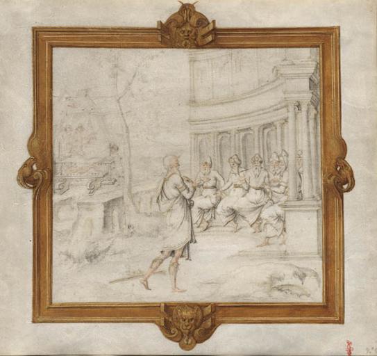 SUJET DE L'HISTOIRE ROMAINE : REGULUS PERSUADE LE SENAT DE LE RENVOYER A CARTHAGE, DANS UN CARTOUCHE RENAISSANCE REHAUSSE D'OR, ACCOMPAGNE D'UNE LEGENDE SUR UN FEUILLET DE VELIN SEPARE 366 19