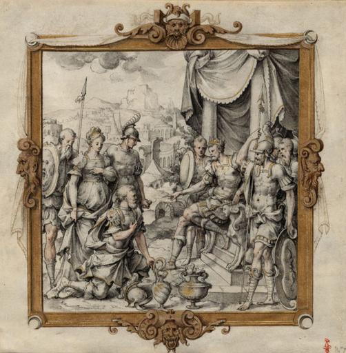 SUJET DE L'HISTOIRE ROMAINE : LA CONTINENCE DE SCIPION, DANS UN CARTOUCHE RENAISSANCE REHAUSSE D'OR, ACCOMPAGNE D'UNE LEGENDE SUR UN FEUILLET DE VELIN SEPARE 366 20