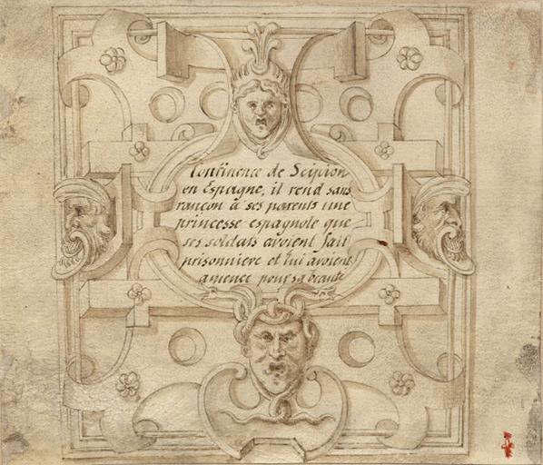 INSCRIPTION POUR LA CONTINENCE DE SCIPION, DANS UN CARTOUCHE RENAISSANCE REHAUSSE D'OR