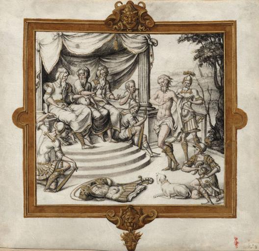 SUJET DE L'HISTOIRE ROMAINE : SCIPION L'AFRICAIN DEVANT LE SENAT, DANS UN CARTOUCHE RENAISSANCE REHAUSSE D'OR, ACCOMPAGNE D'UNE LEGENDE SUR UN FEUILLET DE VELIN SEPARE 366 23