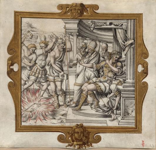 SUJET DE L'HISTOIRE ROMAINE : CESAR FAIT BRULER LES ECRITS DE SES ENNEMIS, DANS UN CARTOUCHE RENAISSANCE REHAUSSE D'OR, ACCOMPAGNE D'UNE LEGENDE SUR UN FEUILLET DE VELIN SEPARE 366 25