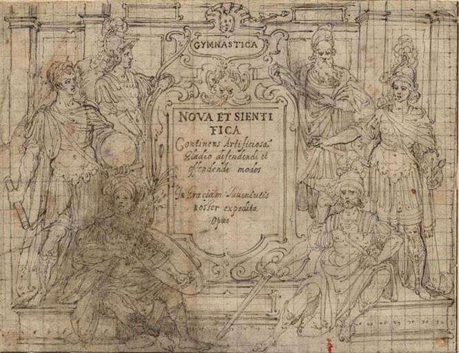 FRONTISPICE POUR UN OUVRAGE SUR L'ESCRIME ET SIX PERSONNAGES ARMES ENTOURANT LE TITRE DU LIVRE