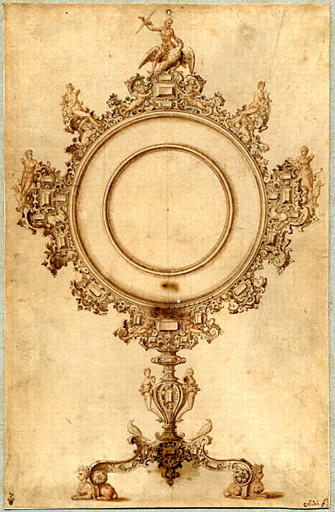 Modèle de miroir de forme ronde et enrichi d'ornements, avec les figures de Diane et Apollon de chaque côté, en haut Jupiter sur son aigle tenant la foudre