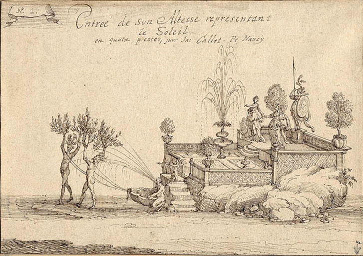 Entrée de son Altesse [le duc de Lorraine] représentant / le Soleil / en quatre presses, par Jac. Callot, fe[cit] Nancy. N° 1 (suite de dessins pour la gravure)