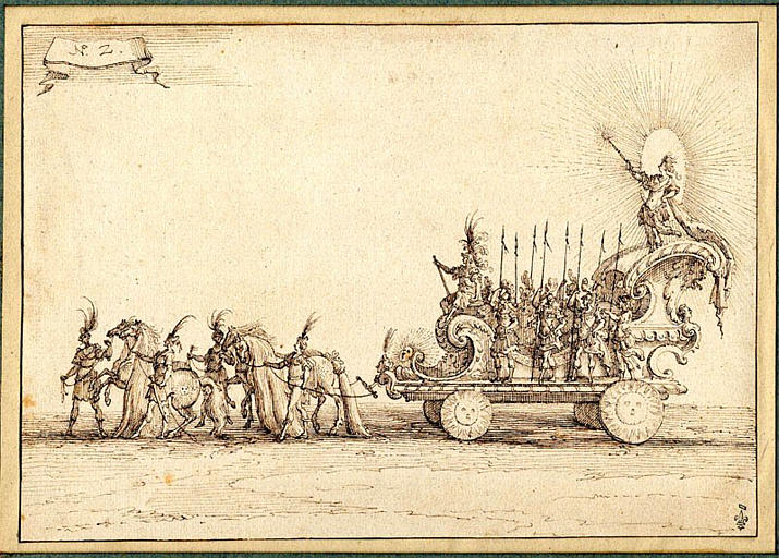 [Entrée de son Altesse [le duc de Lorraine] représentant / le Soleil / en quatre presses, par Jac. Callot, fe[cit] Nancy. N° 2]  (suite de dessins pour la gravure)