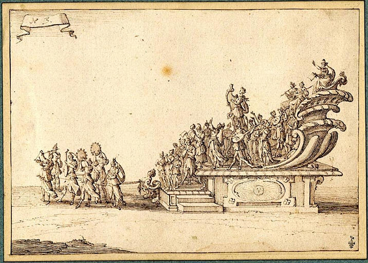 [Entrée de son Altesse [le duc de Lorraine] représentant / le Soleil / en quatre presses, par Jac. Callot, fe[cit] Nancy. N° 3] (suite de dessins pour la gravure)