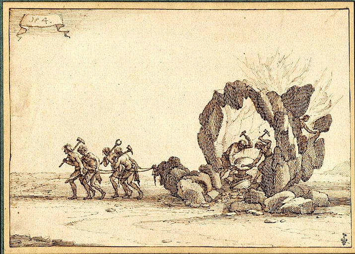 Entrée de son Altesse [le duc de Lorraine] représentant / le Soleil / en quatre presses, par Jac. Callot, fe[cit] Nancy. N° 4 (suite de dessins pour la gravure)