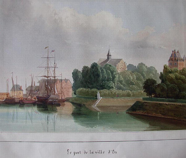 Vue du château d'Eu et des environs. Le port de la ville d'Eu