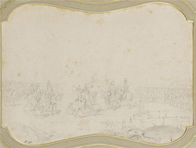 Déclaration de guerre faite au nom du Roi des Français aux rois de Bohême et de Hongrie, échange du cartel à la barrière frontière des Pays-Bas. A droite les Uhlans, à gauche la brigade de dragons, le Colonel brigadier marquis de Dampierre, accompagné du duc de Chartres, colonel du 14e dragons, et du duc de Montpensier, adjudant commandant, 1791