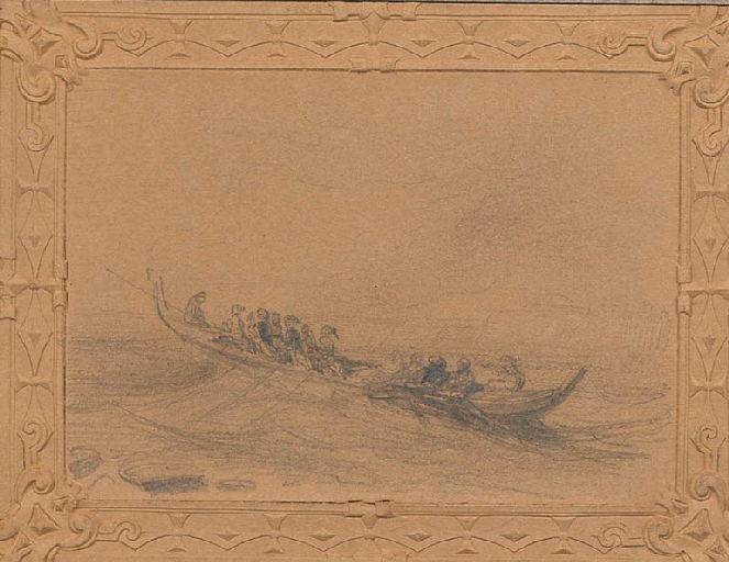 Barque chargée de passagers, sur la crête d'une vague