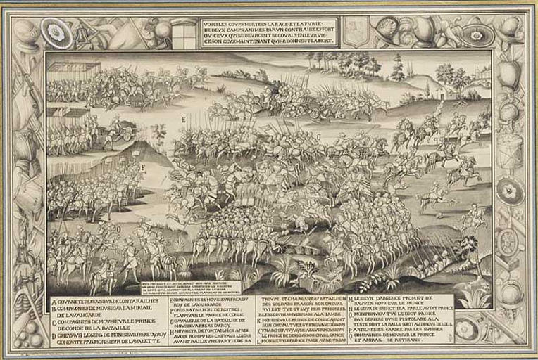 Bataille de Jarnac, 1569, reproduction d'une tapisserie du musée de Cluny à Paris