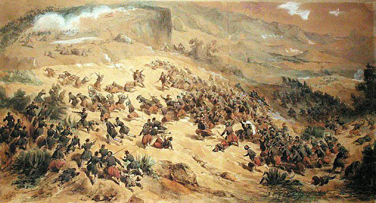 Prise du Teniah de Mouzaïa le 12 mai 1840 par les zouaves et les tirailleurs de Vincennes sous les ordres du colonel de La Moricière, le duc d'Orléans commandant en chef
