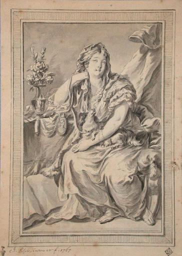 JEUNE FEMME ASSISE TENANT UN CHIEN SUR SES GENOUX