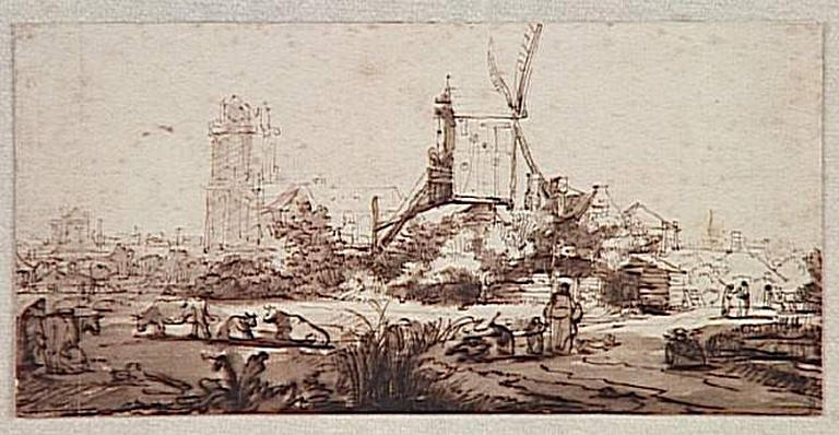 paysage avec un moulin au centre (vue de Dordrecht)