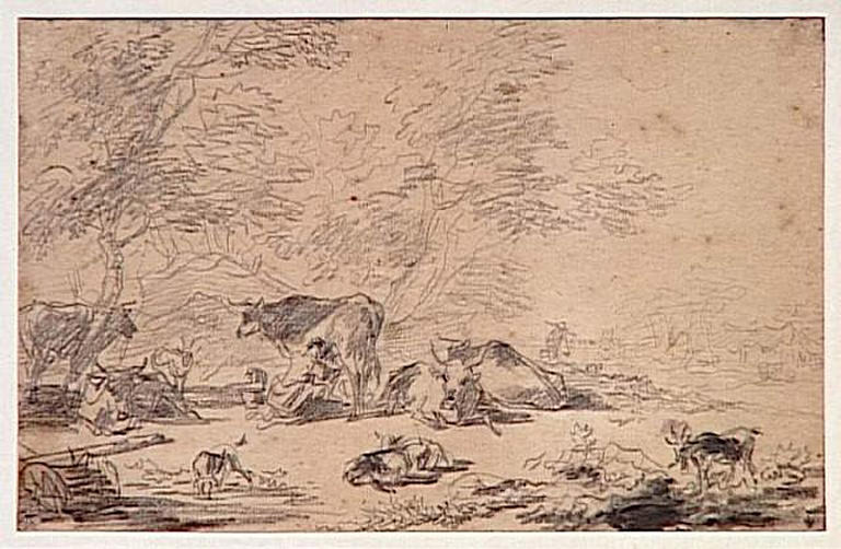 Paysage avec femme trayant une vache au milieu d'un troupeau