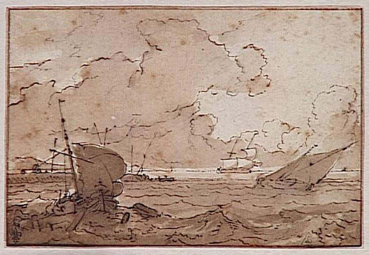 Marine : Bateaux près de la côte (recto) ; Marine : étude d'un voilier hollandais et de plusieurs petits bateaux (verso)