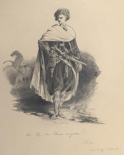 ILLUSTRATIONS DU SIEGE DE CORINTHE DE BYRON, HUIT DESSINS DANS UN VOLUME IN-4°, VELOURS ROUGE, FERMOIR