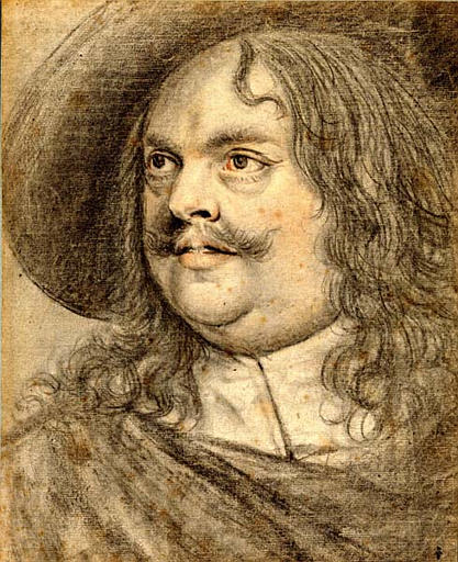 Portrait d'un gros homme tourné à gauche, coiffé d'un chapeau, les yeux en l'air