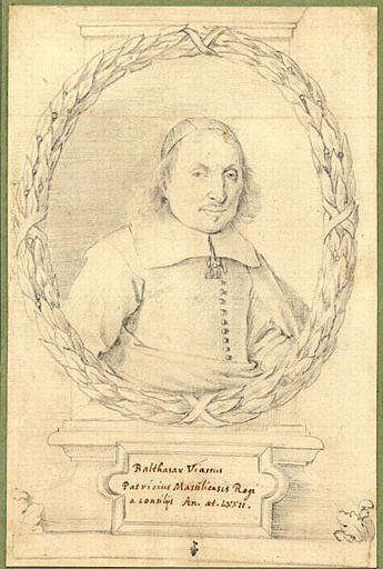 Portrait de Balthazar Viasse avec calotte noire et collerette plate, dans une guirlande ovale de laurier posée sur une console, dessin préparatoire à une gravure