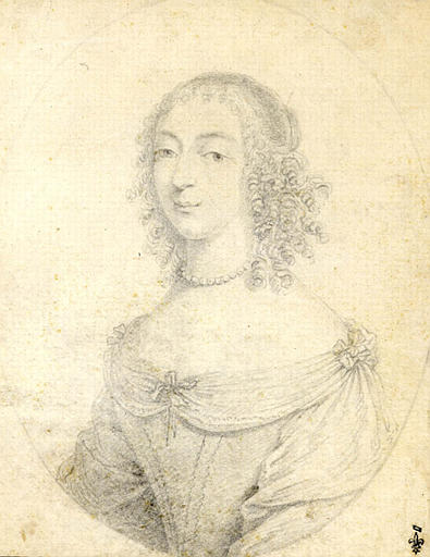 Portrait ovale de jeune femme vue plus d'à mi-corps, portant un corsage drapé et décolleté et une coiffure à papillotes (Henriette Marie de France reine d'Angleterre)