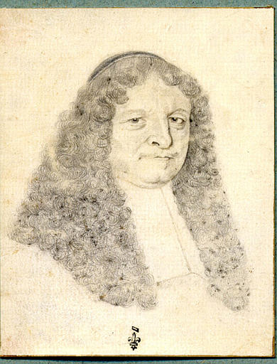 Portrait d'homme de trois-quarts à senestre, coiffé d'une calotte, avec une longue perruque bouclée