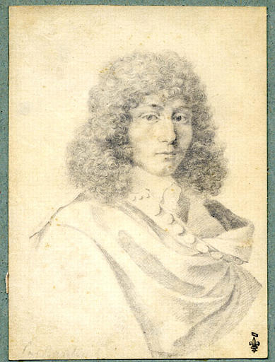 Portrait de jeune homme de trois-quarts à senestre, avec perruque bouclée et cape rejetée sur l'épaule gauche