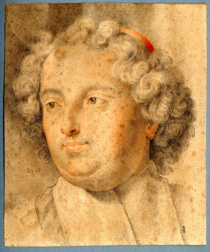 Portrait de prélat en buste tourné de trois-quarts portant une calotte rouge (Armand-Maximilien de Rohan, cardinal, membre de l'Académie française et des Inscriptions et Belles-Lettres, 1674-1714, cf. gravure de Laurent Cars)