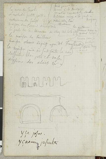 Album de voyage (Espagne, Maroc, Algérie, janvier-juin 1832) : texte commençant par : 'La mère de Jacob. . . ' et croquis de murs crénelés dans lequel s'ouvrent des deux portes cintrées