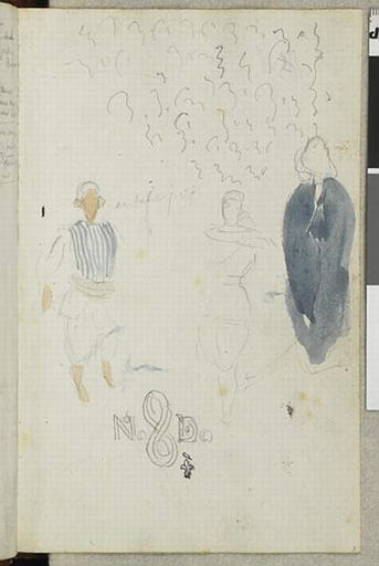 Album de voyage (Espagne, Maroc, Algérie, janvier-juin 1832) : croquis au crayon de trois Arabes, dont deux rehaussés de couleur, et monogramme MD, les lettres séparées par un entrelacs